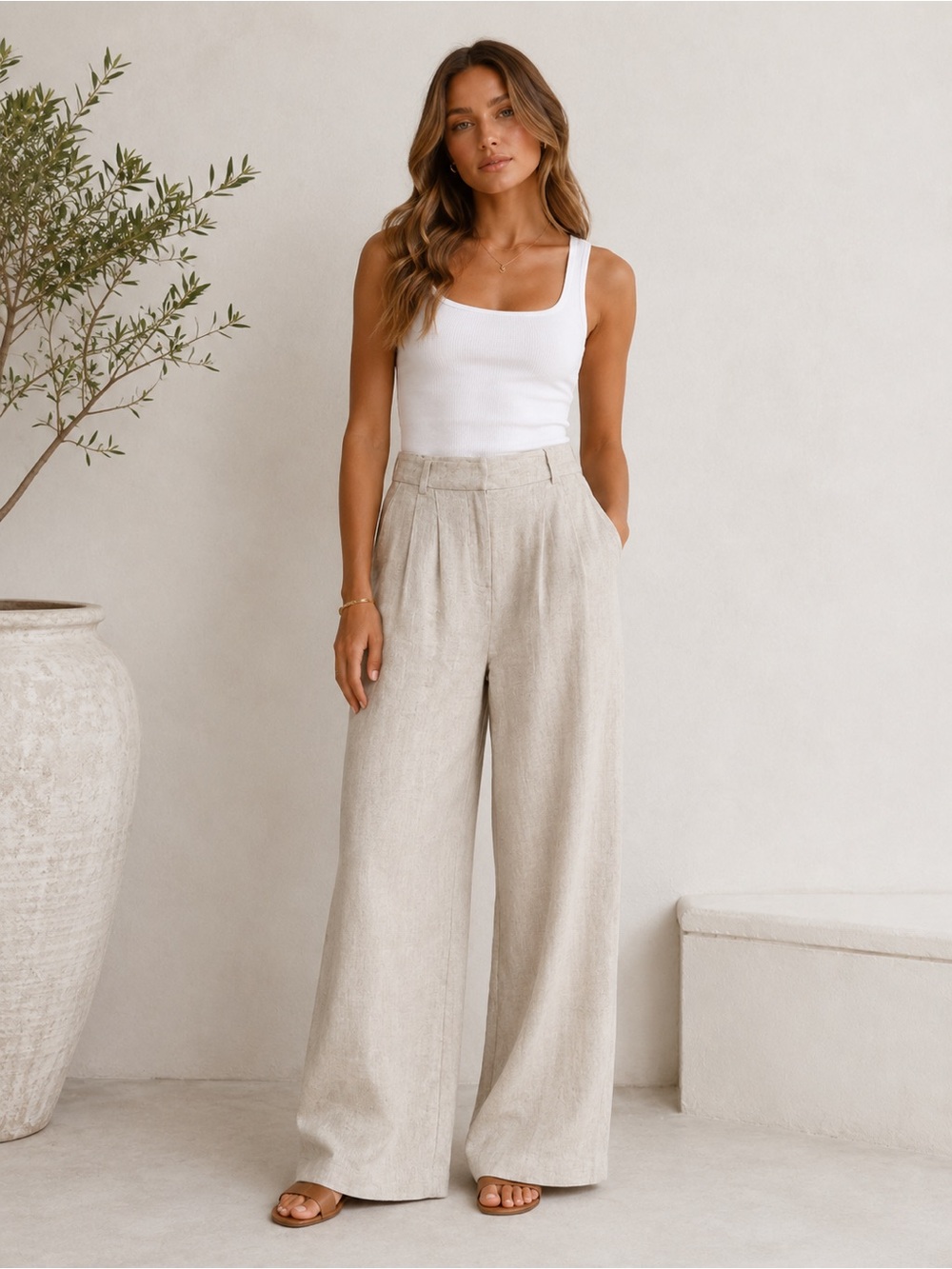 Abercrombie & Fitch Linen Blend Wide Leg Pants Neutral Oatmeal High Rise Size 25